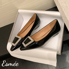 Load image into Gallery viewer, Black-Patent-Leather-Flats-with-Rhinestone-Buckle-product-shots