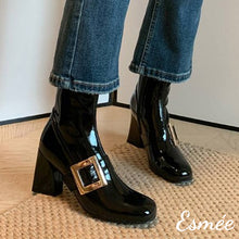 Load image into Gallery viewer, Black-Patent-Leather-High-Heel-Ankle-Boots-with-Metal-Buckle-model-shots