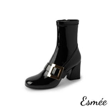 Load image into Gallery viewer, Black-Patent-Leather-High-Heel-Ankle-Boots-with-Metal-Buckle-product-shots-white-background