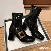 Load image into Gallery viewer, Black-Patent-Leather-High-Heel-Ankle-Boots-with-Metal-Buckle-product-shots
