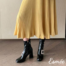 Load image into Gallery viewer, Black-Patent-Leather-High-Heel-Ankle-Boots-with-Rhinestone-Buckle-model-shots