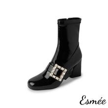 Load image into Gallery viewer, Black-Patent-Leather-High-Heel-Ankle-Boots-with-Rhinestone-Buckle-product-shots-white-background