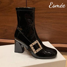 Load image into Gallery viewer, Black-Patent-Leather-High-Heel-Ankle-Boots-with-Rhinestone-Buckle-product-shots