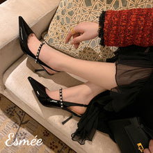 Load image into Gallery viewer, Black-Patent-Leather-High-Heel-Slingback-with-Diamond-Straps-model-shots