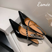 Load image into Gallery viewer, Black-Patent-Leather-High-Heel-Slingback-with-Diamond-Straps-product-shots