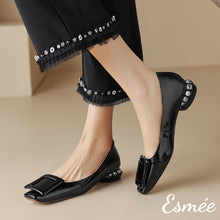 Load image into Gallery viewer, Black-Patent-Leather-Low-Heels-with-Square-Buckle-and-Diamond-Heels-model-shots