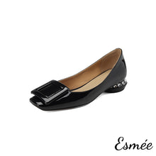 Load image into Gallery viewer, Black-Patent-Leather-Low-Heels-with-Square-Buckle-and-Diamond-Heels-product-shots-white-background
