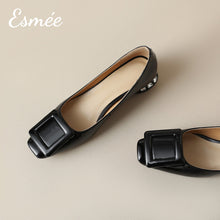 Load image into Gallery viewer, Black-Patent-Leather-Low-Heels-with-Square-Buckle-and-Diamond-Heels-product-shots