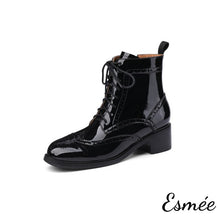 Load image into Gallery viewer, Black-Patent-Leather-Marten-Boots-with-Brogue-Design-product-shots-white-background