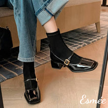 Load image into Gallery viewer, Black-Patent-Leather-Mary-Jane-Sock-Tube-Boots-model-shots