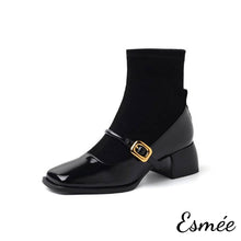 Load image into Gallery viewer, Black-Patent-Leather-Mary-Jane-Sock-Tube-Boots-product-shots-white-background