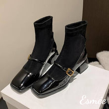 Load image into Gallery viewer, Black-Patent-Leather-Mary-Jane-Sock-Tube-Boots-product-shots