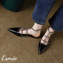 Load image into Gallery viewer, Black-Patent-Leather-Sandals-with-Diamond-Caged-Straps-model-shots