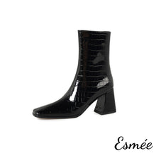 Load image into Gallery viewer, Black-Shiny-Leather-Ankle-Boots-with-Alligator-Pattern-product-shots-white-background