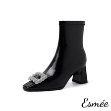 Load image into Gallery viewer, Black-Shiny-Leather-Ankle-Boots-with-Rhinestone-Buckle-Design-product-shots-white-background