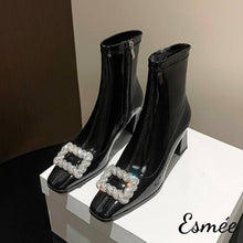 Load image into Gallery viewer, Black-Shiny-Leather-Ankle-Boots-with-Rhinestone-Buckle-Design-product-shots
