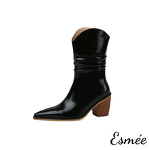 Load image into Gallery viewer, Black-Shiny-Leather-Cowboy-Mid-Boots-with-Block-Heels-product-shots-white-background