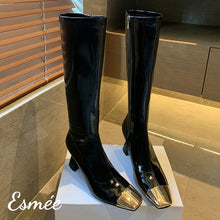 Load image into Gallery viewer, Black-Shiny-Leather-High-Heel-Long-Boots-with-Golden-Toe-Cap-product-shots