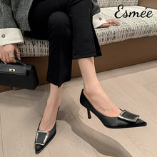 Load image into Gallery viewer, Black-Silk-High-Heels-with-Metal-Buckle-model-shots
