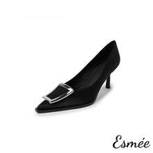 Load image into Gallery viewer, Black-Silk-High-Heels-with-Metal-Buckle-product-shots-white-background