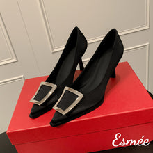 Load image into Gallery viewer, Black-Silk-High-Heels-with-Metal-Buckle-product-shots
