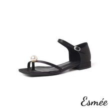 Load image into Gallery viewer, Black-Silk-Sandals-with-Pearl-Design-product-shots-white-background