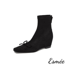 將圖片載入圖庫檢視器 Black-Suede-Ankle-Boots-with-Bow-Knot-and-Invisible-Increased-Height-Design-product-shots-white-background