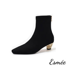 將圖片載入圖庫檢視器 Black-Suede-Ankle-Boots-with-Designed-Heels-product-shots-white-background