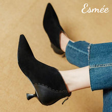 Load image into Gallery viewer, Black-Suede-Ankle-Boots-with-Leather-Heel-Cap-model-shots