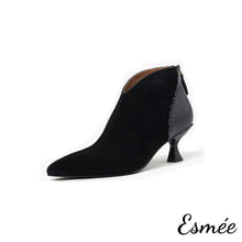 Load image into Gallery viewer, Black-Suede-Ankle-Boots-with-Leather-Heel-Cap-product-shots-white-background