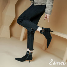 將圖片載入圖庫檢視器 Black-Suede-Ankle-Boots-with-Leather-Straps-and-Stiletto-model-shots