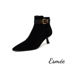 將圖片載入圖庫檢視器 Black-Suede-Ankle-Boots-with-Leather-Straps-and-Stiletto-product-shots-white-background