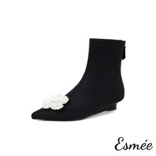 Load image into Gallery viewer, Black-Suede-Ankle-Boots-with-Mini-Pearl-Flower-Design-product-shots-white-background