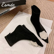 Load image into Gallery viewer, Black-Suede-Ankle-Boots-with-Mini-Pearl-Flower-Design-product-shots