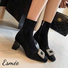 Load image into Gallery viewer, Black-Suede-Ankle-Boots-with-Rhinestone-Buckle-Design-model-shots