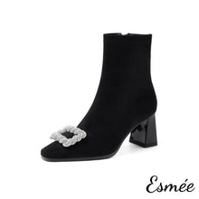 Load image into Gallery viewer, Black-Suede-Ankle-Boots-with-Rhinestone-Buckle-Design-product-shots-white-background