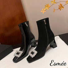 Load image into Gallery viewer, Black-Suede-Ankle-Boots-with-Rhinestone-Buckle-Design-product-shots