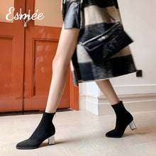 將圖片載入圖庫檢視器 Black-Suede-Ankle-Boots-with-Rhinestone-Heels-model-shots1