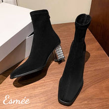 將圖片載入圖庫檢視器 Black-Suede-Ankle-Boots-with-Rhinestone-Heels-product-shots