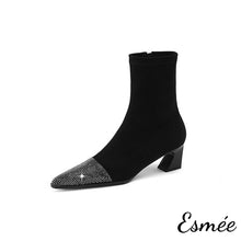 將圖片載入圖庫檢視器 Black-Suede-Ankle-High-Heel-Boots-with_Rhinestone-Toe-Cap-product-shots-white-background