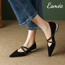 Load image into Gallery viewer, Black-Suede-Flats-wtih-X-Straps-and-Pearl-Heels-model-shots