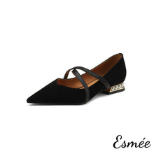 Load image into Gallery viewer, Black-Suede-Flats-wtih-X-Straps-and-Pearl-Heels-product-shots-white-background