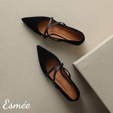 Load image into Gallery viewer, Black-Suede-Flats-wtih-X-Straps-and-Pearl-Heels-product-shots