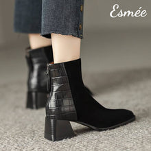 將圖片載入圖庫檢視器 Black-Suede-High-Heel-Ankle-Boots-with-Alligator-Pattern-Design-model-shots