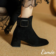 Load image into Gallery viewer, Black-Suede-High-Heel-Ankle-Boots-with-Buckle-Design-model-shots