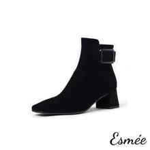 Load image into Gallery viewer, Black-Suede-High-Heel-Ankle-Boots-with-Buckle-Design-product-shots-white-background