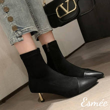 Load image into Gallery viewer, Black-Suede-High-Heel-Ankle-Boots-with-Leather-Toe-Cap-model-shots1