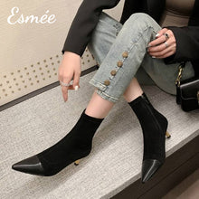 Load image into Gallery viewer, Black-Suede-High-Heel-Ankle-Boots-with-Leather-Toe-Cap-model-shots