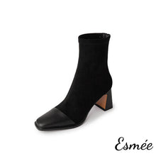將圖片載入圖庫檢視器 Black-Suede-High-Heel-Ankle-Boots-with-Leather-Toe-Cap-product-shots-white-background