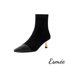 Load image into Gallery viewer, Black-Suede-High-Heel-Ankle-Boots-with-Leather-Toe-Cap-product-shots-white-background